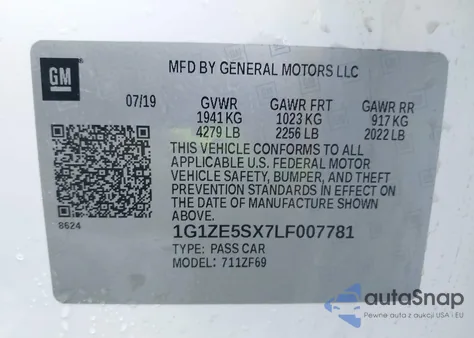 2020 Chevrolet Malibu Fwd Premier z USA, uszkodzony, nr VIN 1G1ZE5SX7LF007781